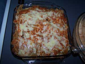 Mexican lasagne and tomato flavored rice